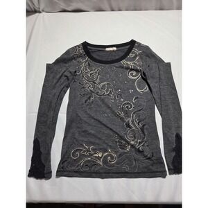 Miss Me Girls Gray Rhinestone Studded Cold Shoulder Long Sleeve Top Size M